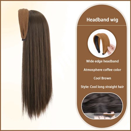 Hårbøjle Paryk Langt Glat Hår - Højtemperatur Fiber, Naturlig og Luftig, kompatibel med alle hovedstørrelser Brown