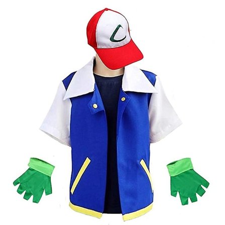 Herre Anime Træner Kostume Drenge Ash Ketchum Voksen Cosplay Til Piger Halloween Blå Jakke Kasket og Handsker Sæt - Perfekt