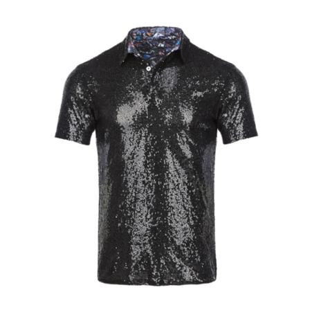 Herr glänsande paljetter kortärmad nedfälld gnistrande polo t-shirt Black S