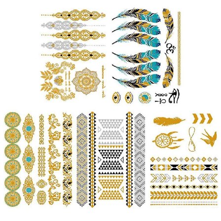 5 Sheets Temporary Tattoos Shimmer Waterproof Fake Tatoos Gold Tattoos Metallic Stickers In Arm Body Leg For Women