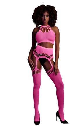 Rosa 2-delat set med Crop Top & Stockings - Vuxen.se - Sexiga BH-set