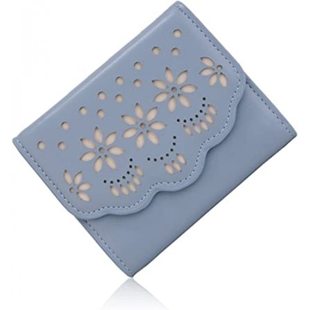 Pung til kvinder, hullet floral vegansk læder kortholder organizer lille trefoldet pige blomst pung blå