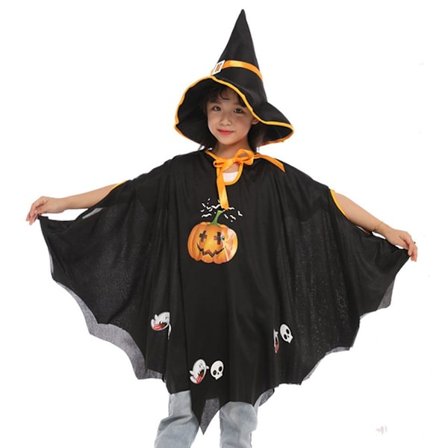 Barnekåpe for Halloween til småbarn, gutter og jenter, gresskar- og spøkelseskåpe i svart