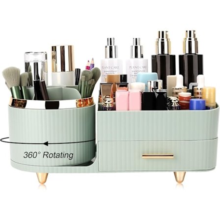 Sminkeorganisator, kosmetisk utstillingsskap med skuffer, 360° roterende multifunksjonell kosmetisk oppbevaringshylle