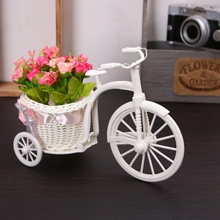 Ny Design Trehjuling Cykel Dekoration Blomma Korg Plast Vit Vas Blomma Förvaring Hem Bröllop Fest DIY Dekoration