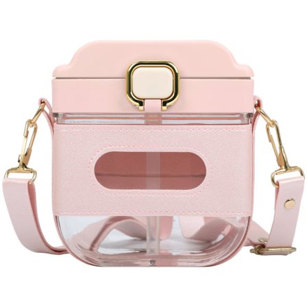 Rosa fyrkantig vattenflaska med justerbar rem och sugrör - 700 ml/24 oz återanvändbar plastvattenflaska - läcksäker och BPA-fri bärbar/rese-