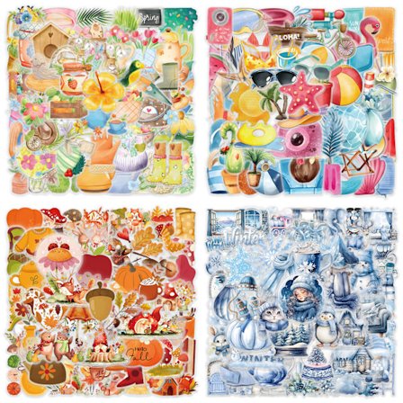 2-pack säsongsstickers | 100 unika designer | Vattentäta PET-dekaler för laptop, vattenflaska, resväska (alla årstider)