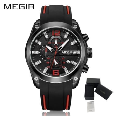MEGIR Silikonklocka Märke Lyx Sport Kvarts Klockor för Män Vattentät Kronograf Klocka relogios masculino Armbandsur 2063 Black