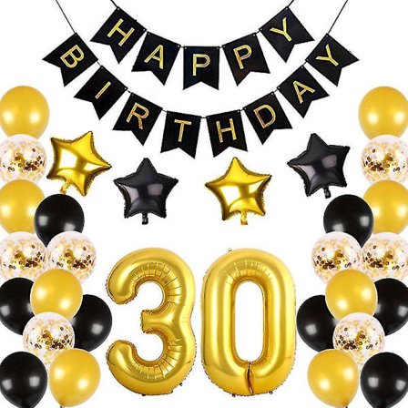 30-vuotisjuhlakoristeet mustassa ja kullanvärisessä teemassa, 30 ilmapalloa, onnittelut 30-vuotispäivän banneri, paperipompomit, foliopallot