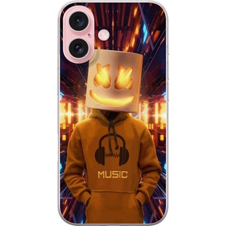 Yhteensopiva Puhelinkuori Apple Apple iPhone 16 DJ-hahmo valaisevassa kypärässä ja hupparissa futuristisessa musiikkiympäristössä neonvalojen ke