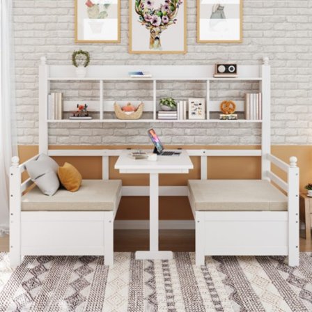 Multifunktionell bäddsoffa 200×90 cm | massivt trä | Vit | 2-i-1 säng & skrivbord