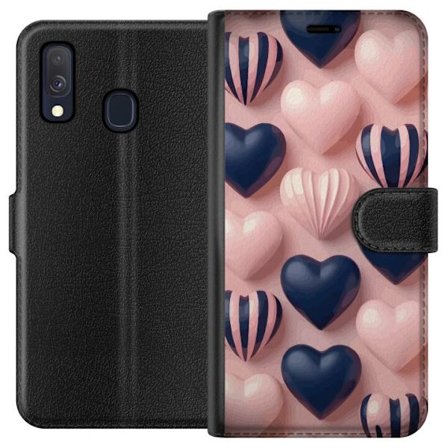 Kompatibelt Lommeboketui til Samsung Galaxy A40 Myke tredimensjonale hjerter i rosa og marineblå toner i et romantisk mønster