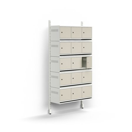 Schuhschrank ENTRY, Grundmodul, wandhängend, 15 Metalltüren, 1800 x 900 x 300 mm, weiß/grau