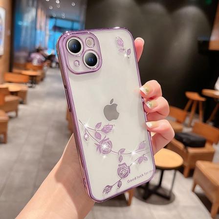 Rosemønstret elektroplettering silikon telefondeksel for iPhone 14 pro lilla