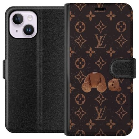 Kompatibel Tegnebogsetui til Apple Apple iPhone 14 Plus Luksuriøst monogrammønster med knust bamse i mørk modeæstetik