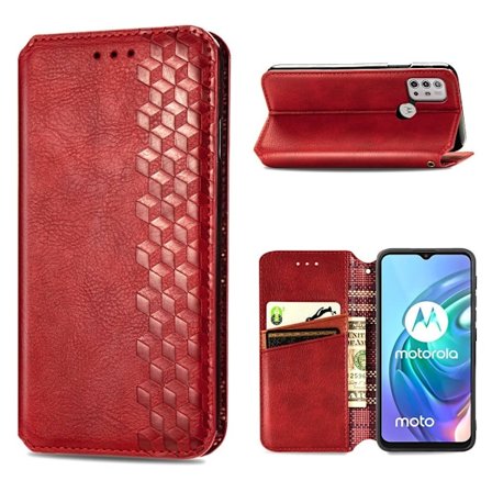 Nahkakotelo With A Stylish Rhombus Imprint For Motorola Moto G30 - Punainen