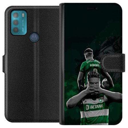 Kompatibel Tegnebogsetui til Motorola Moto G50 Neonmotiv med teksten "Gaming er i mit DNA" på en blå og rød murvæg med en lysende DNA-spiral.