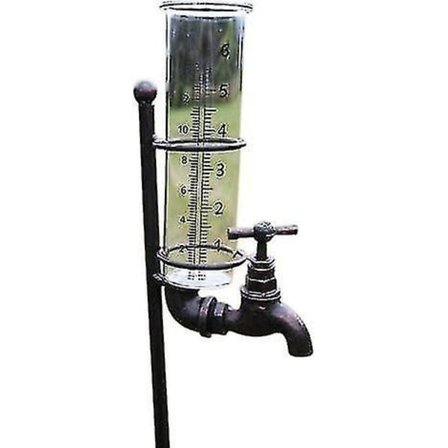 Regnmätare med dekorativ "kran"-hållare och glasbehållare för regn.