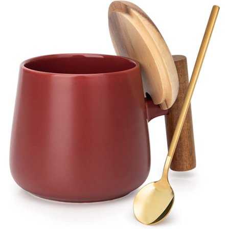 14 Oz Keramisk Kaffe Krus, Tekopp med Lokk og Skje for Kontor og Hjem, Kaffe Krus er Perfekte Bursdagsgaver, (Matt Rød)