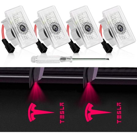 4 stk. Tesla Puddle Lights Bildør Logo Projektor Lys, Ultralette Falmer Aldrig Velkomst Trinelys med Værktøj, Plug & Play (Rød)[GKS}