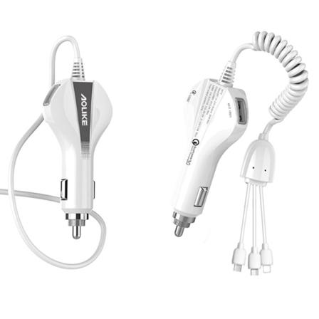 Billadapter for mobiltelefon med dobbel USB, hurtiglading, bærbar, én til tre med kabel (hvit grå)