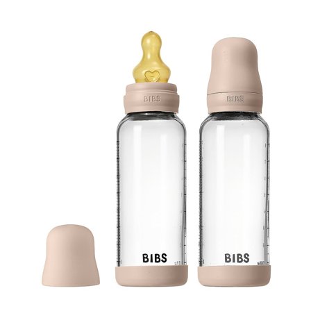 BIBS Glass Baby Bottle Round Latex 2-Pak Blush 240 ml Medium Flow, Børn & Forældre, Sutteflasker & Tilbehør, Sutteflasker