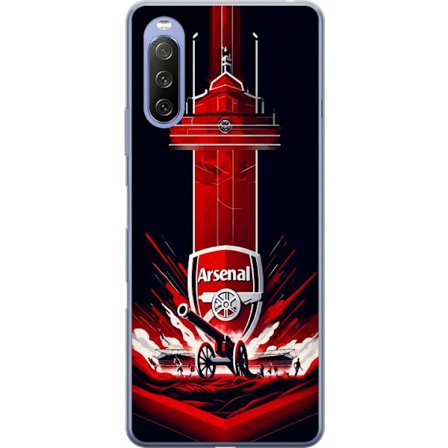Yhteensopiva Puhelinkuori Sony Xperia 10 III Arsenal-embleemi, jossa tykki ja stadionmotiivi voimakkaassa punaisessa ja valkoisessa urheilusuunnittelu