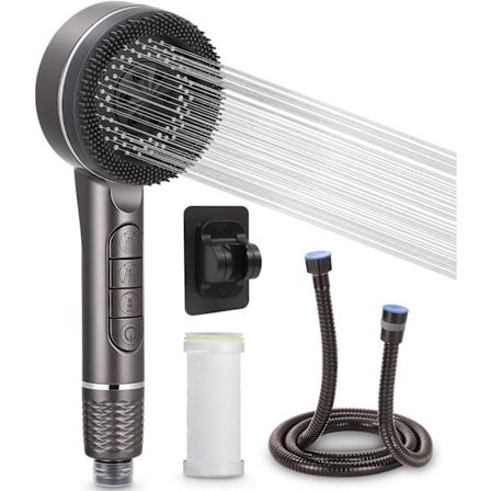 Dusjhode mot kalk, 4 moduser Vannbesparende dusjhode med 1 utskiftbart filter, Dusjhode med 1,5 m slange, Dusjhode, Anti-kalk Dusj