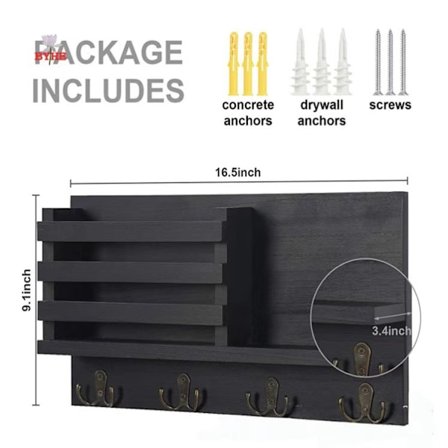 Sort Vægmonteret Organizer, Nøgleholder + Hylde, Brevholder & Knager & Hundesnorsknager, 41,9 x 22,1 x 8,9 cm