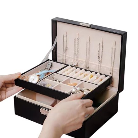 Bærbart dobbeltlags smykkeskrin med lås, svart