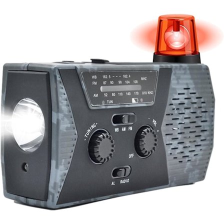 Käsikäyttöinen radio - taskulamppu - matkapuhelimen laturi - hätätilanteen sääradio