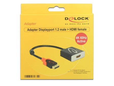 Delock Adapter Displayport 1.2 male > HDMI female 4K Active - videokonverter - Parade PS176 - svart