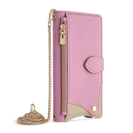 Fodral för iPhone 16 Pro Max rosa med hårdvarukedja kosmetisk spegel crossbody läder c