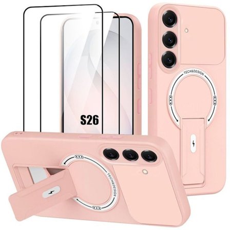 Cover til Samsung Galaxy S26, Silikone med Støtte og Magnetisk Ring - Rosa - 2 Tempererede Glas