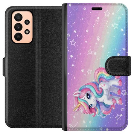 Yhteensopiva Lompakkokotelo Samsung Galaxy A23 Stitch polaroid-kehyksissä sinisillä pastellisävyillä ja suloisilla ilmeillä kollaaseissa sydämillä