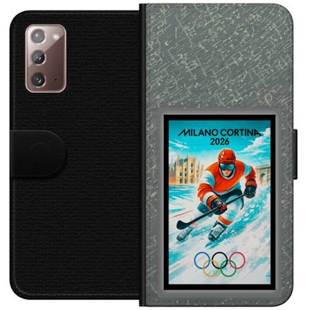 Yhteensopiva Lompakkokotelo Samsung Galaxy Note20 Curlingkuvitus pelaajilla ja kivillä jäällä, Milano Cortina 2026, lumisia roiskeita ja olympiasormuk