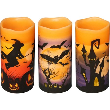 Halloween LED Flamlösa Pillar Ljus Batteridrivna med 6 Timmar Timer Set om 3 Orange Vax Varmt Ljus Flimrande Häxa Fladdermöss Slott Spöklikt