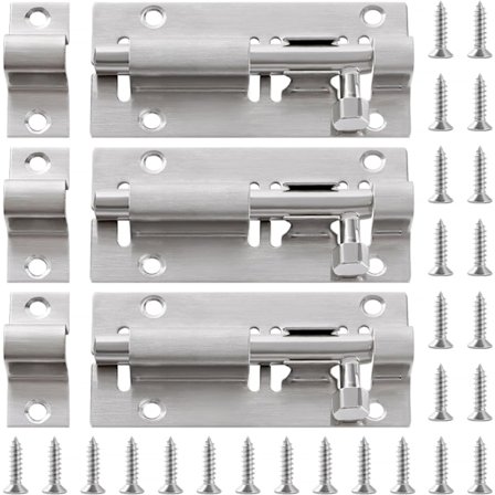 3 Stykker 73mm Dørbolte, Skydedørslås, Rustfrie Dørbolte, med Skruer, til Badeværelse Soveværelse Toilet
