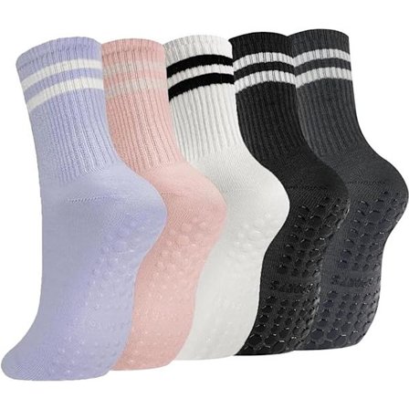 ING Yoga Sokker til Kvinder, Pakke med 5, Pilates Sokker i Ren Bomuld, Skridsikre Yoga Sokker, Gulvsokker, Velegnet til Ballet, Yoga, Dans, Pilates