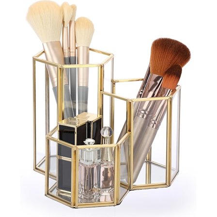 3-lokeroinen kuusikulmainen säilytysteline - kultareunuksinen lasinen kynäteline pöydälle, meikkisiveltimien säilytysteline, kirkas lasinen 