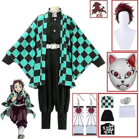 Demon Slayer Kimetsu No Yaiba Tanjirou Kamado Cosplay-asu Kimono Joulu Anime Yhten inen Asuste Aikuisten ja Lasten - T ydellinen 9 osainen setti 9 
