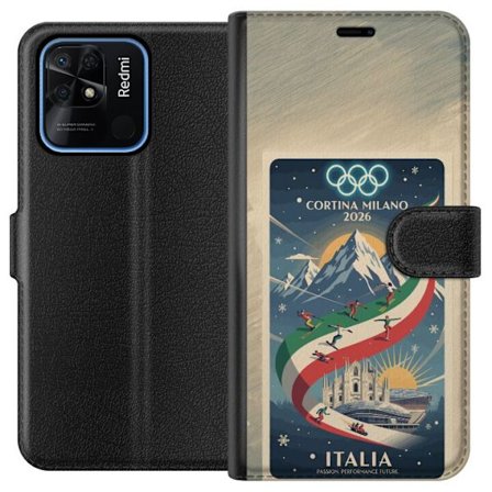 Kompatibel Tegnebogsetui til Xiaomi Redmi 10C Skitse med skiskytteudøver der sigter med riffel på en snebaner, teksten Milano Cortina 2026 og de olymp