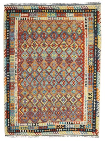 Hand Woven Kilim Afghan Old Style Rug 296X378 Green/Brown