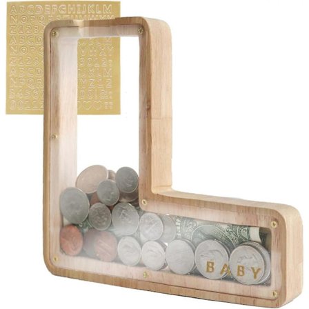 Sparbössa i trä med bokstav, transparent sparbössa för barn, personlig sparbössa, kreativ sparbössa