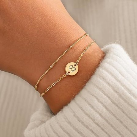 A-Z Guld Initial Armband för Kvinnor Trendiga - Fin 36K Guldpläterad Skiktad Pärlbokstav Initial Armband Personifierad Skiva Monogram Armband
