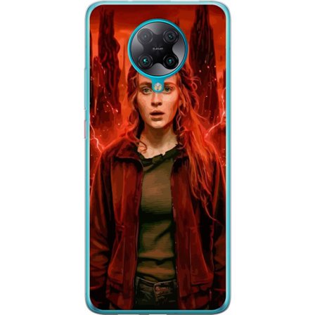Kompatibelt Mobilskal till Xiaomi Poco F2 Pro Porträtt av en ung kvinna med rött hår i en apokalyptisk landskap, röda blixtar och mörka klippform