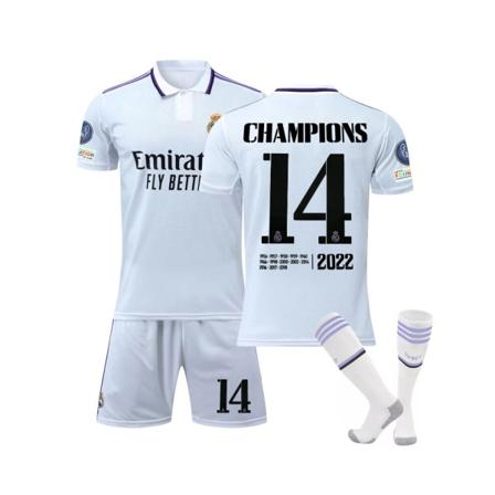 (Real Madrid 2022/23 Home Jersey Champions No.14 Fotbollströja 3-delade kit för barn Vuxna Różowy M