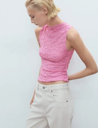 Mango Fitted Top With Gathered Shoulder - Pink - M