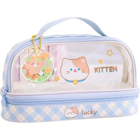 Kynäpussi hihnalla, kaksinkertainen kynäpussi, läpinäkyvä, vedenpitävä, söpö, preppy kynäkotelo, kynälaukut, pidike, säilytys ja O