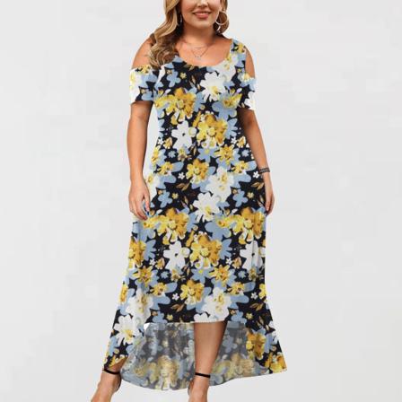 Plus Size Dam Klänning Sommar Print Blomstertryck Casual O